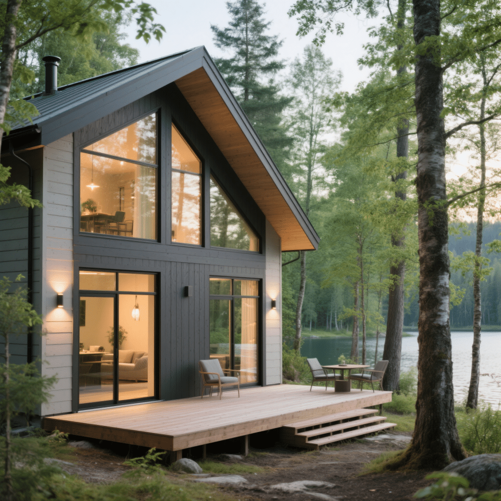 Modern prefab cottage in Haliburton Highlands on sloped forest lot with large windows, deck, and lake views