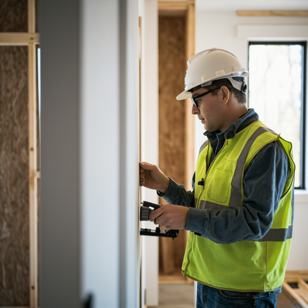 My Own Cottage project manager performing final quality control inspection on a modular prefab home in Ottawa — CSA A277-certified build meeting Ontario Building Code standards, backed by 25+ years of modular construction expertise.