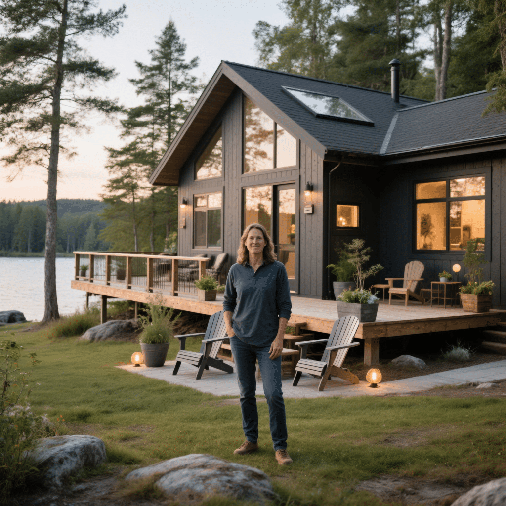 Sara M. standing in front of her completed custom prefab cottage with wraparound deck, surrounded by trees in Muskoka, Ontario.