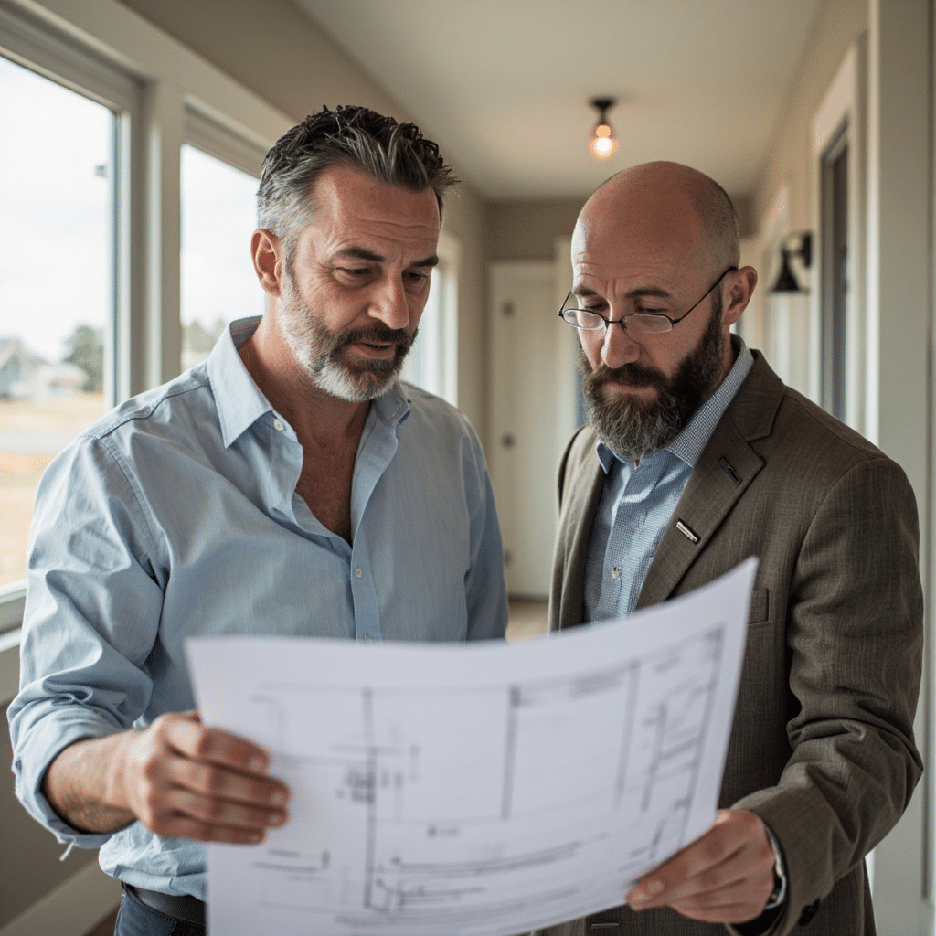 CSA-certified prefab home builder in London, Ontario guiding a homeowner through the build process, reviewing construction drawings for a custom modular house with large windows and high-quality materials.