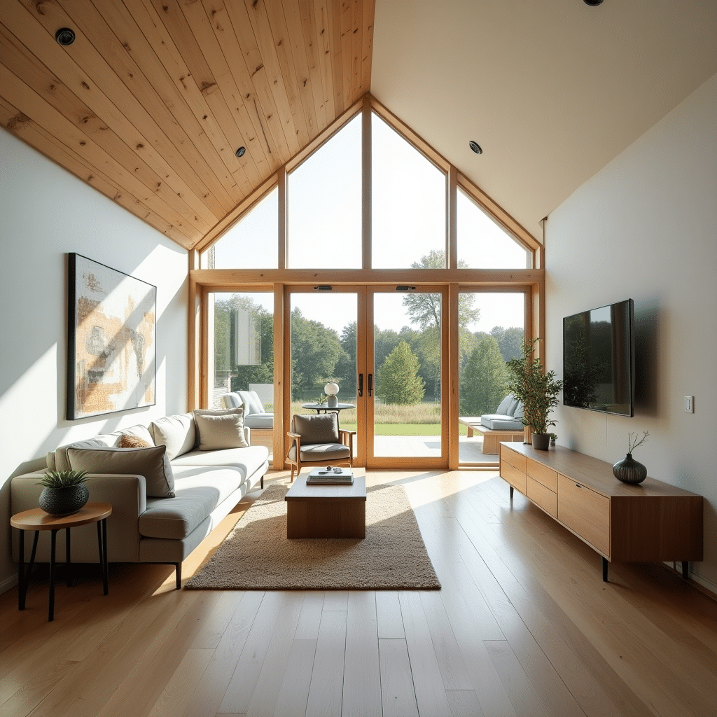 Modern prefab cottage interior in London, Ontario featuring large windows, open floor plan, and quality materials, built with efficient construction methods for style, comfort, and energy efficiency.