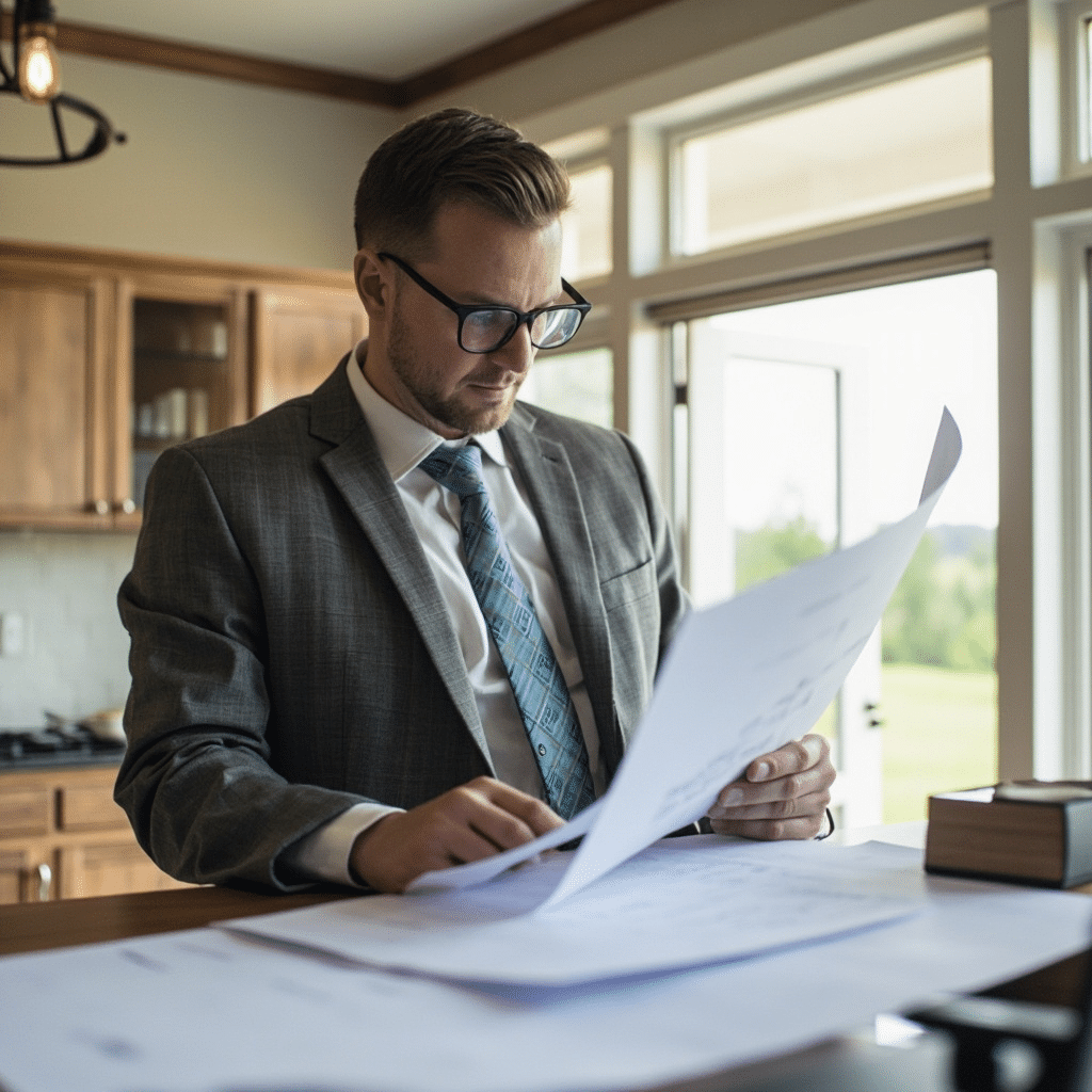 Loan officer in London, Ontario reviewing prefab home blueprints with a homebuyer, discussing A277-certified factory plans, ENERGY STAR® or Net Zero Ready options, and financing eligibility requirements.