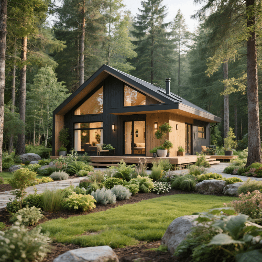 600 sq ft prefab lakefront cabin in North Bay, Ontario, with wood siding, large entry doors, loft, and open-concept interior design.