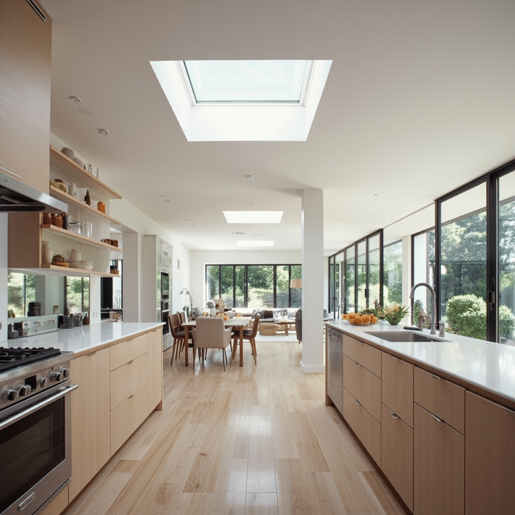 Open-plan interior of a small prefab home in London featuring a modern kitchen seamlessly connected to the living room, with a cozy dining area in between for efficient, stylish urban living.