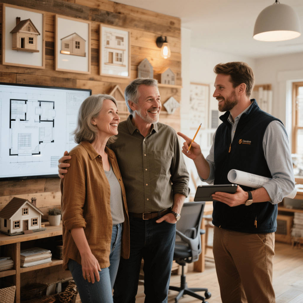 Homebuyer couple discussing custom prefab cottage floor plan with build manager in a modern office setting