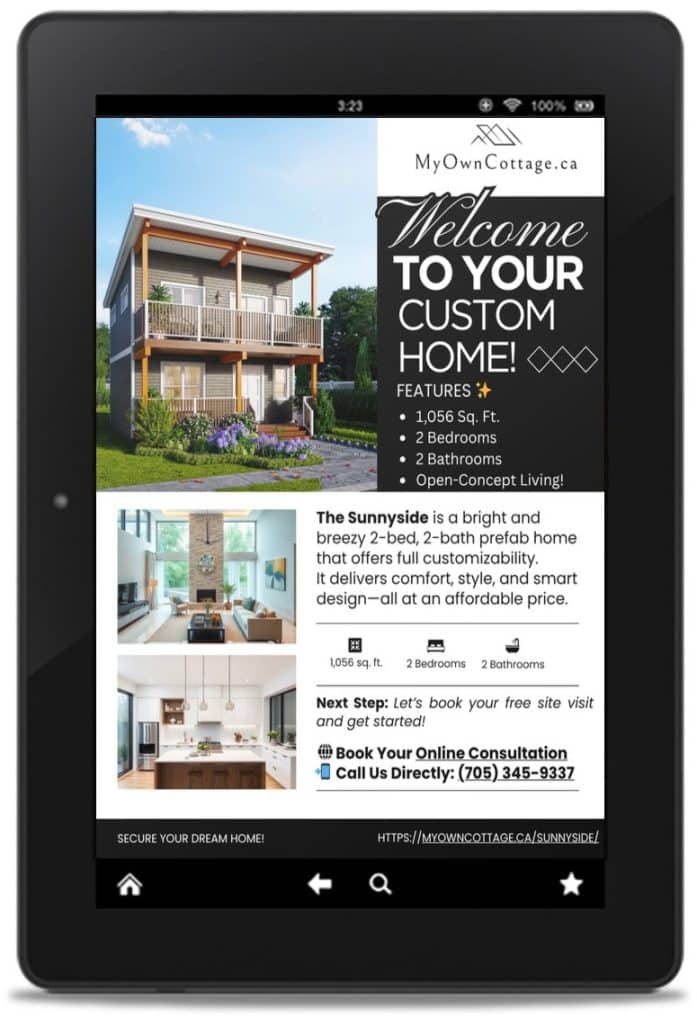 Sunnyside' prefab home brochure cover showcasing bright, modern exterior design with open, airy architecture and energy-efficient features—capturing the home’s welcoming style and sustainable living appeal.