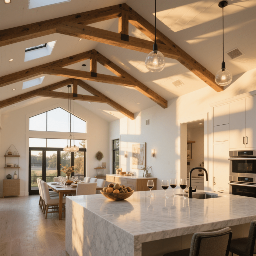 Warmly lit, modern open-concept kitchen and dining area in an affordable prefab home — featuring sleek cabinetry, energy-efficient lighting, and contemporary finishes.