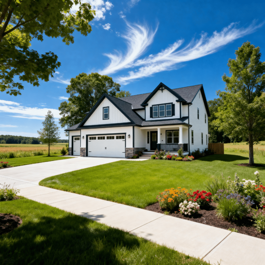 Affordable prefab home with garage in Caledon, Ontario by My Own Cottage, shown in a peaceful rural summer setting with clear blue skies—highlighting modern living, energy efficiency, and superior modular construction quality.