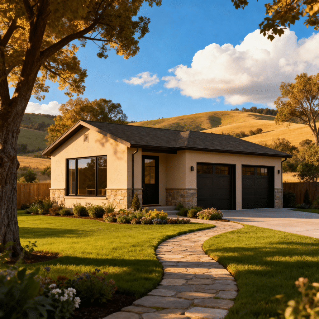 Affordable small prefab home with garage by My Own Cottage in rural Halton Hills Ontario, summer day under blue skies and white clouds.
