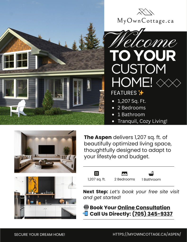 Aspen prefab cottage home brochure cover featuring 1,207 sq. ft. 3-bedroom, 2-bathroom design in Ontario