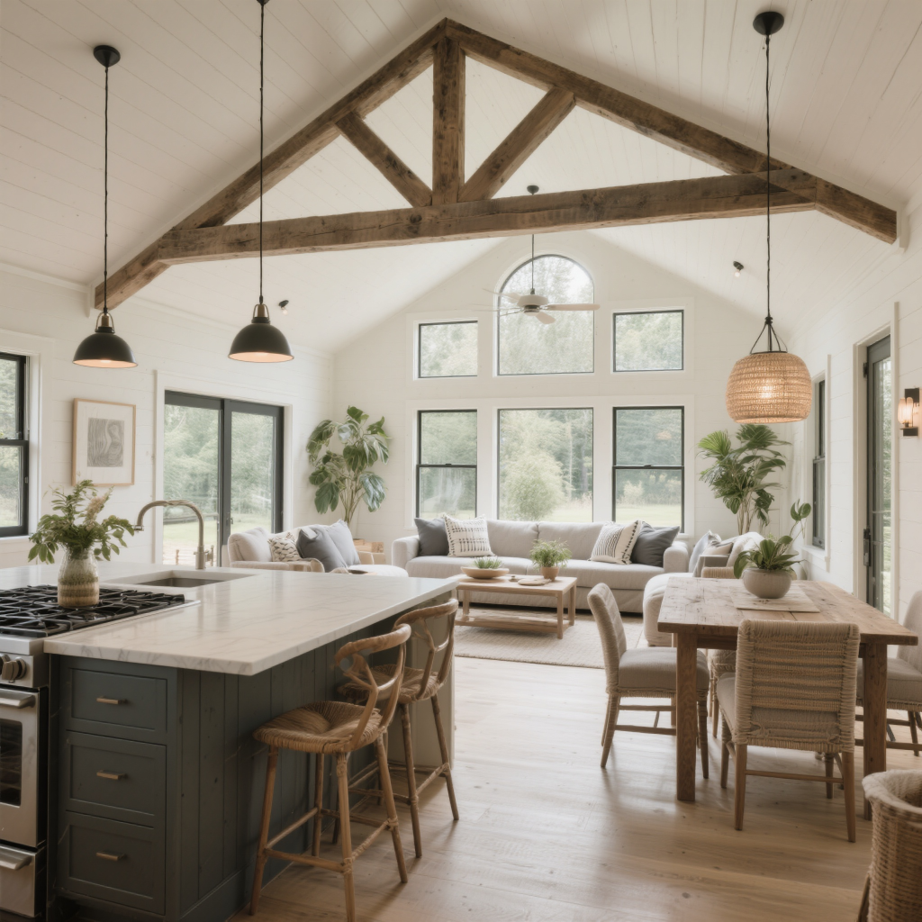 Rustic Aspen prefab home interior with vaulted ceilings, cozy living room, and modern kitchen in Ontario