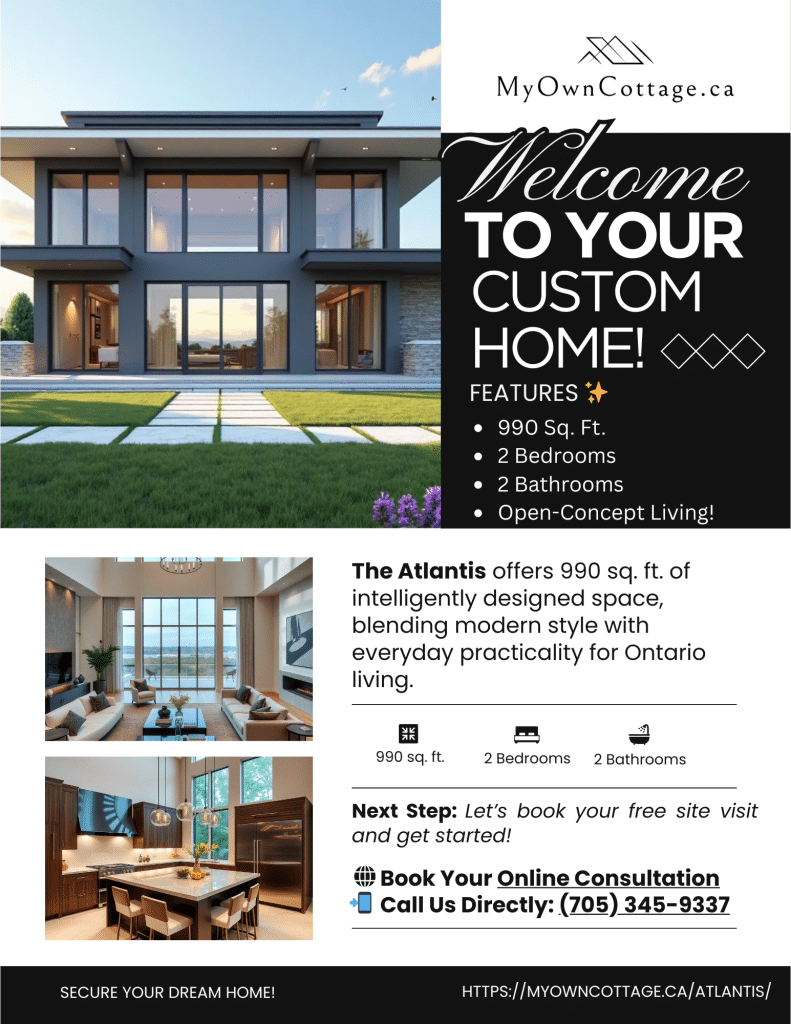 Brochure cover of the Atlantis prefab cottage home, a 2-bedroom, 2-bathroom modern design with 990 sq. ft. of smart, stylish living.