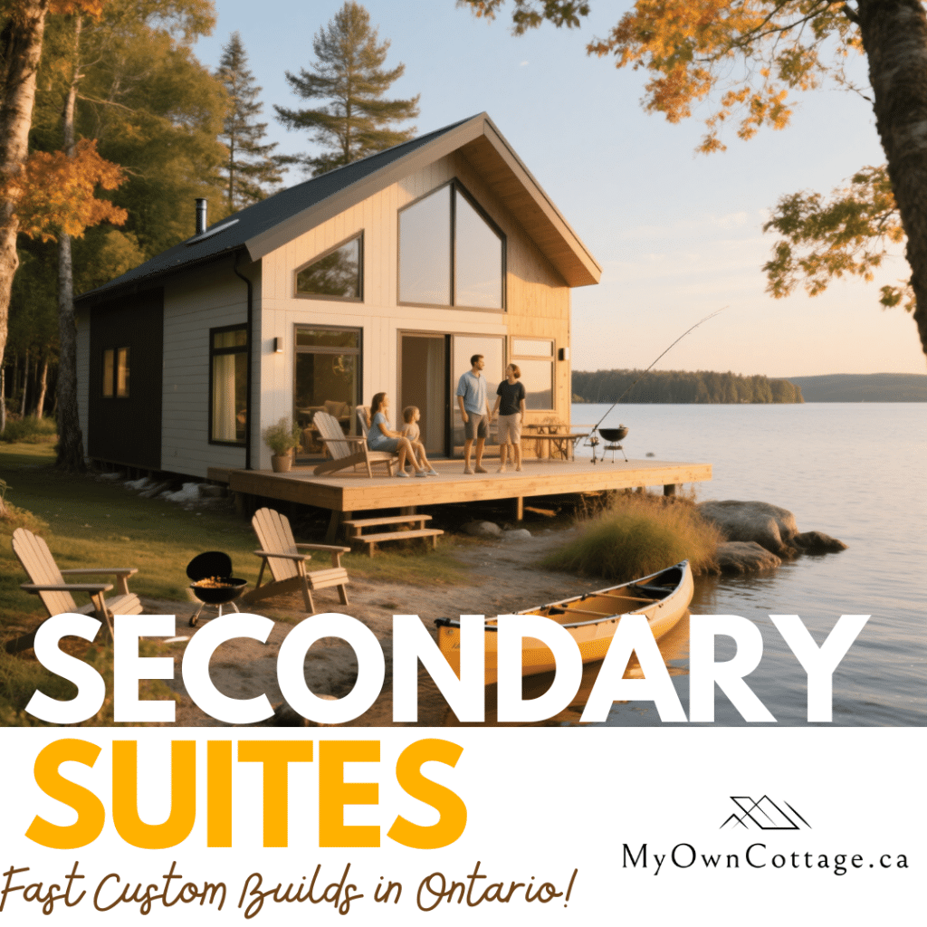 Family enjoying deck of backyard prefab secondary suite on lakefront Ontario property