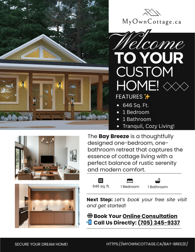 Brochure cover of the Bay Breeze prefab cottage, a one-bedroom, one-bathroom retreat featuring a wrap-around deck and coastal-inspired design.