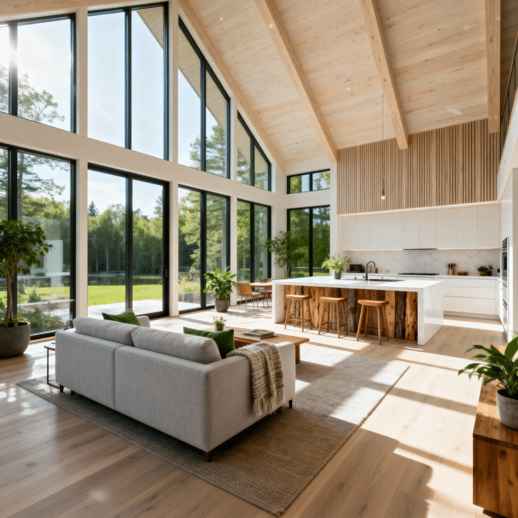 Bright modern prefab home interior in Halton Hills Ontario by My Own Cottage with vaulted ceilings, energy-efficient windows, and warm wood design.