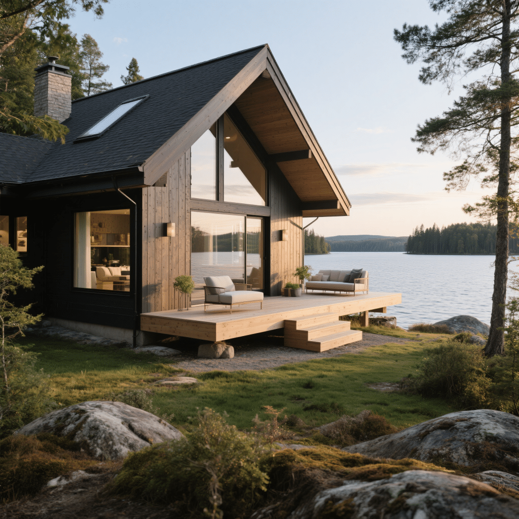 Custom-built prefab cottage in Muskoka, Ontario featuring a modern design with a screened Muskoka room, large energy-efficient windows, and natural granite landscaping.