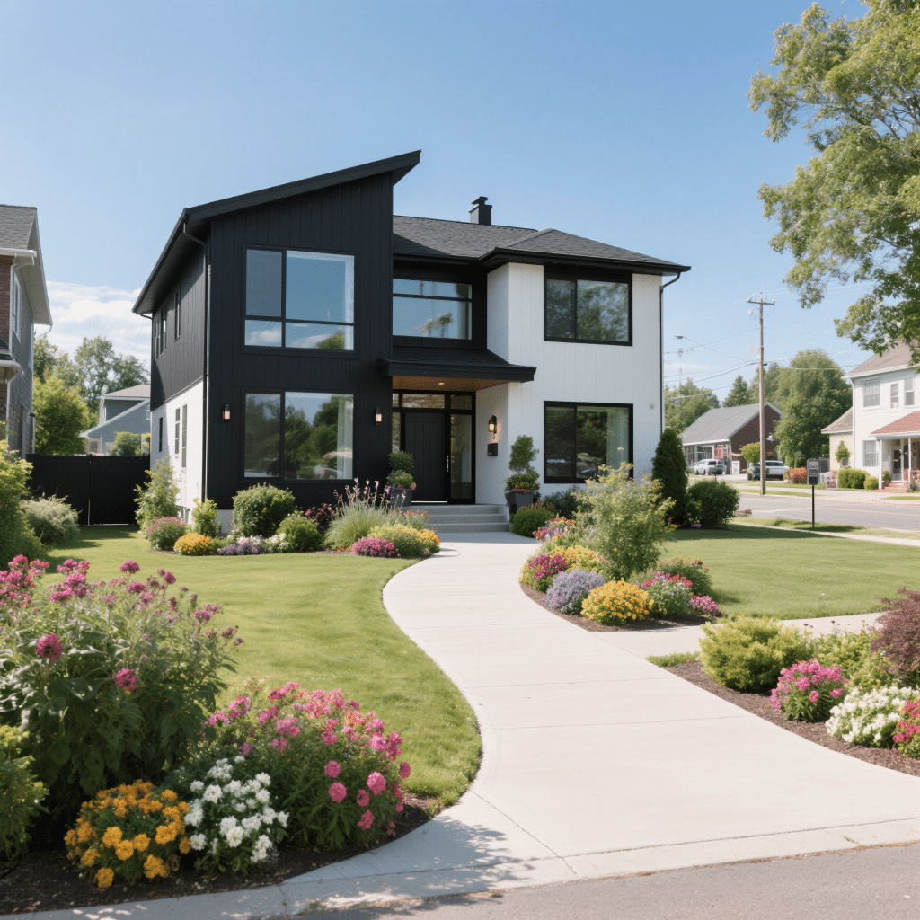 Modern black and white prefab home in rural Ontario, certified to CSA-A277 standards and fully compliant with the Ontario Building Code.