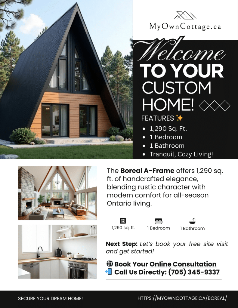 Brochure cover of the Boreal A-Frame Cottage, a 1,290 sq. ft. prefab home in Ontario featuring rustic charm and modern design.