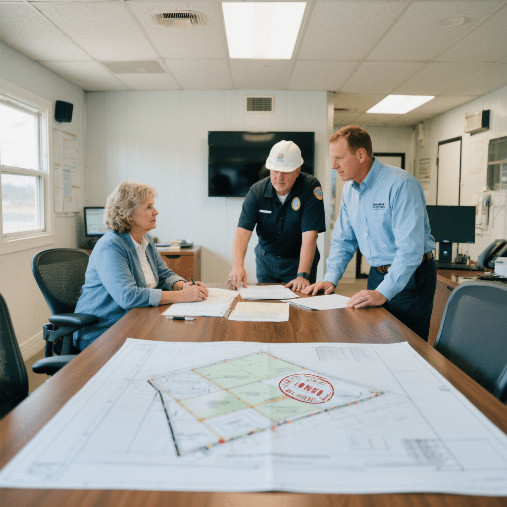 Builder and homeowner reviewing modular home permit documents at a desk, including stamped blueprints, site plan with property lines, and Ontario Building Code manual, to prepare for compliant prefab construction in Brantford