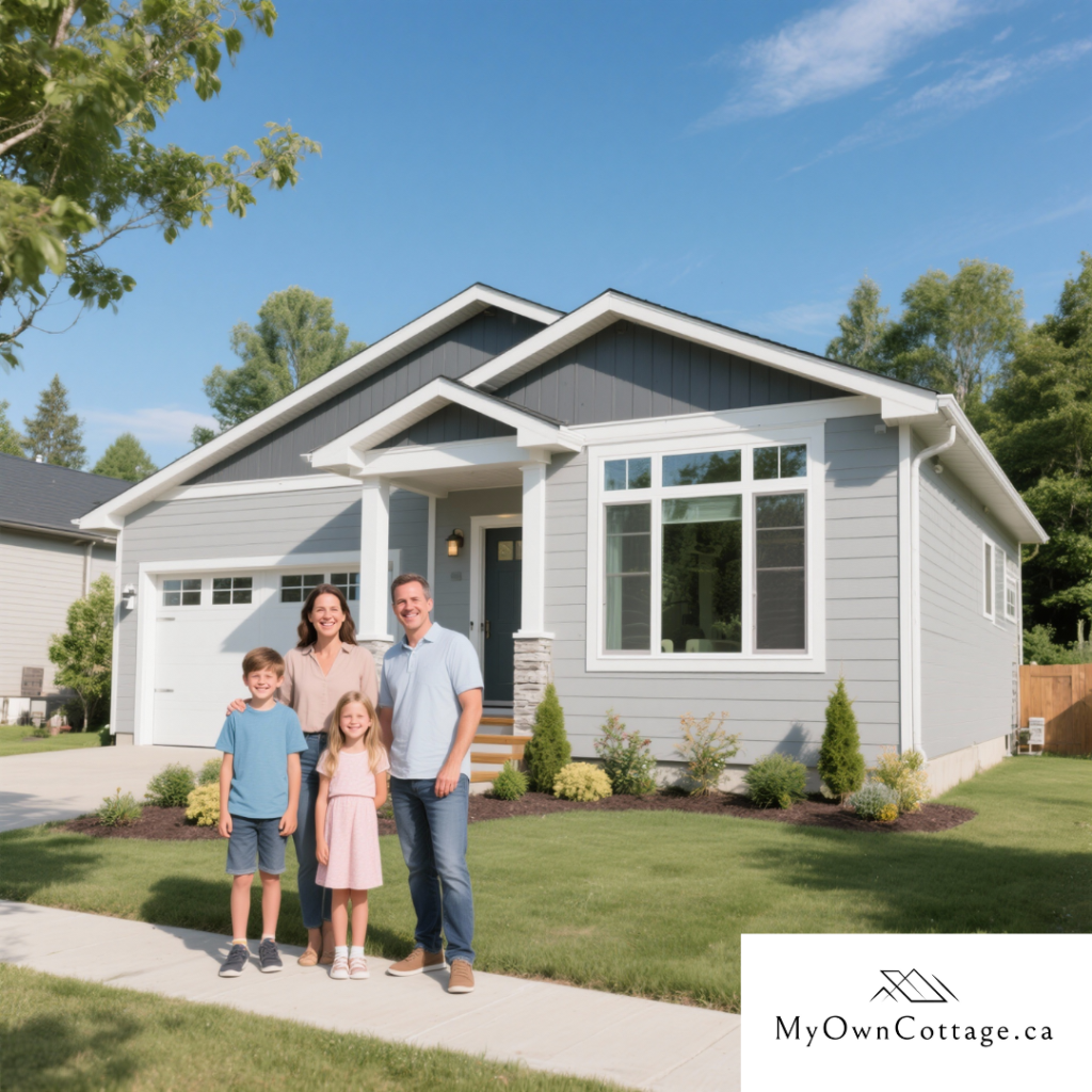 Brown family with My Own Cottage advisor in front of their new prefab modular home in Stayner, Ontario with landscaped garden