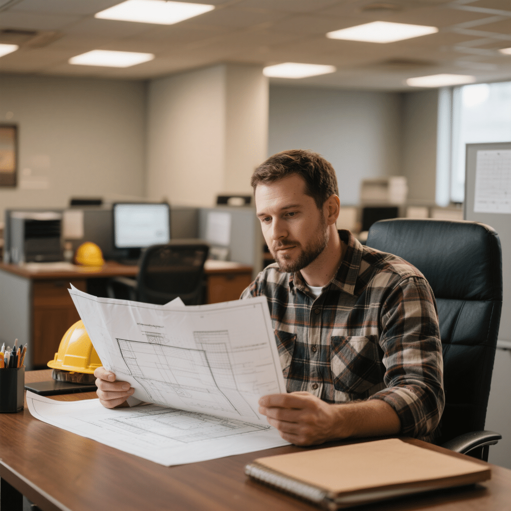 Prefab home builder reviews construction blueprints during early financing and planning stage.