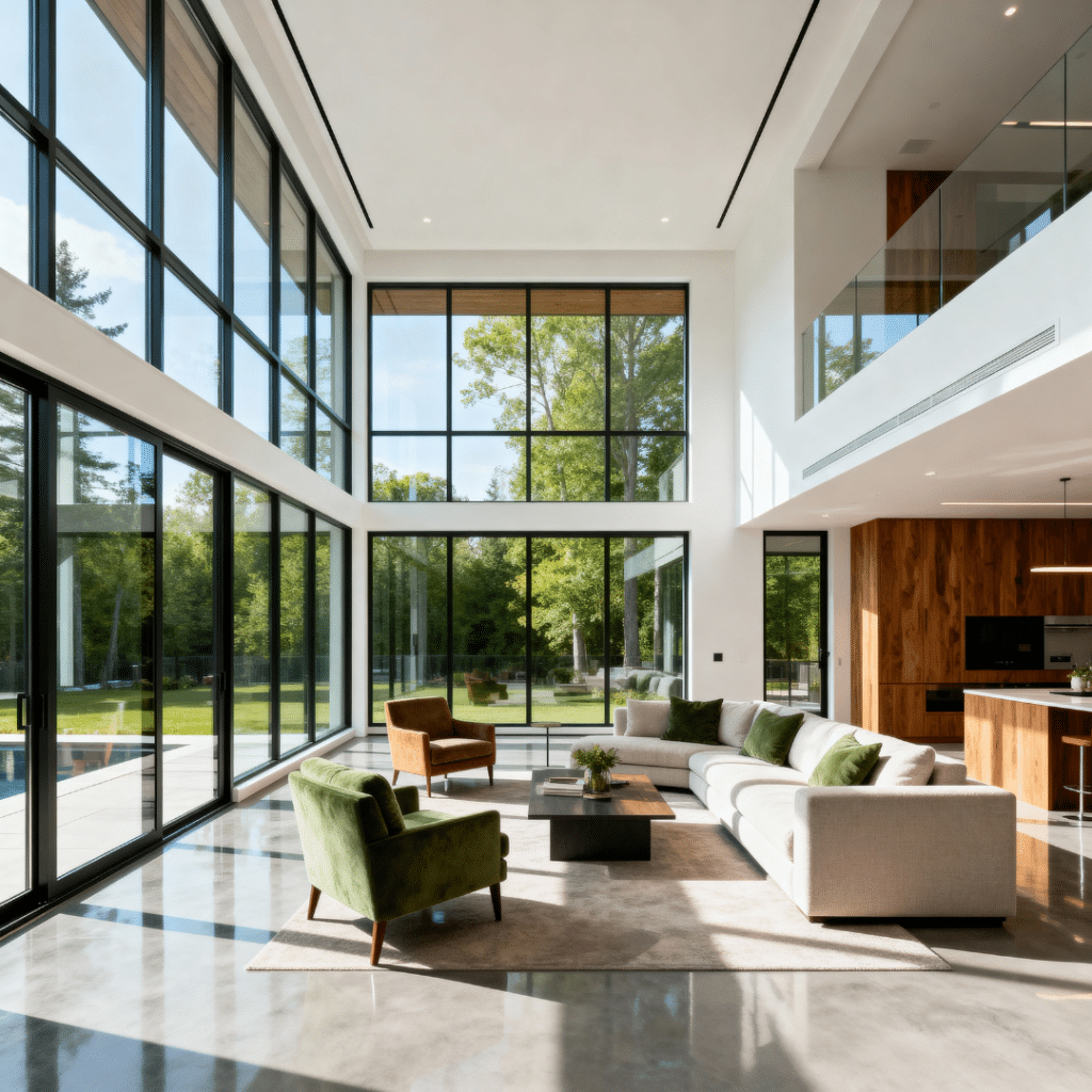 Modern prefab home interior in Caledon, Ontario with natural light, open-concept living room, and airy main floor—showcasing contemporary design and efficient use of space.