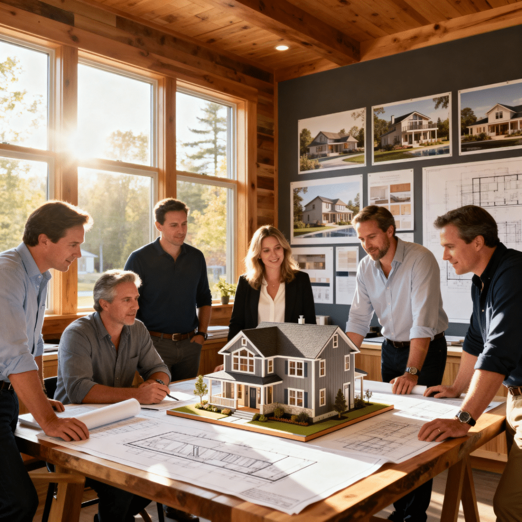 My Own Cottage design team in Caledon, Ontario collaborating over architectural plans and material samples in a naturally lit studio, illustrating the building process behind prefab homes in Caledon.