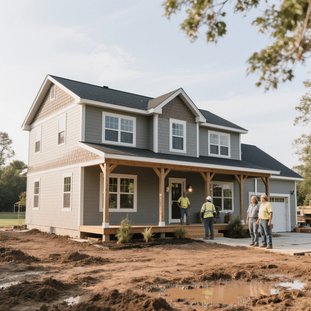 Exterior of a custom-built Cape Cod-style modular home in Ridgetown, Ontario, showing the covered front porch, composite siding, and clay soil terrain unique to the Chatham-Kent region. Built by My Own Cottage for a retired couple in early 2024.