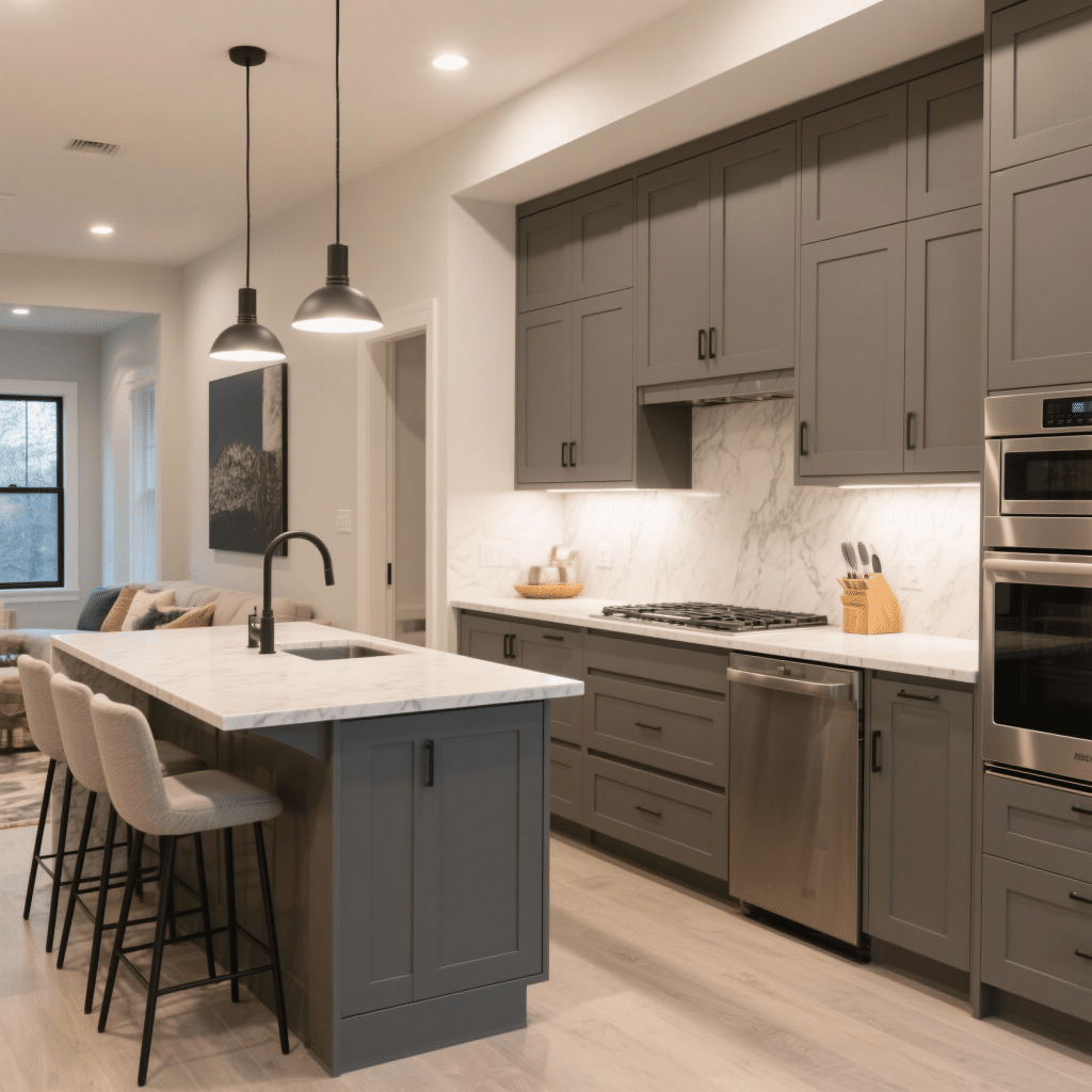 Modern prefab home kitchen in Vaughan with quartz countertops, island, and energy-efficient design