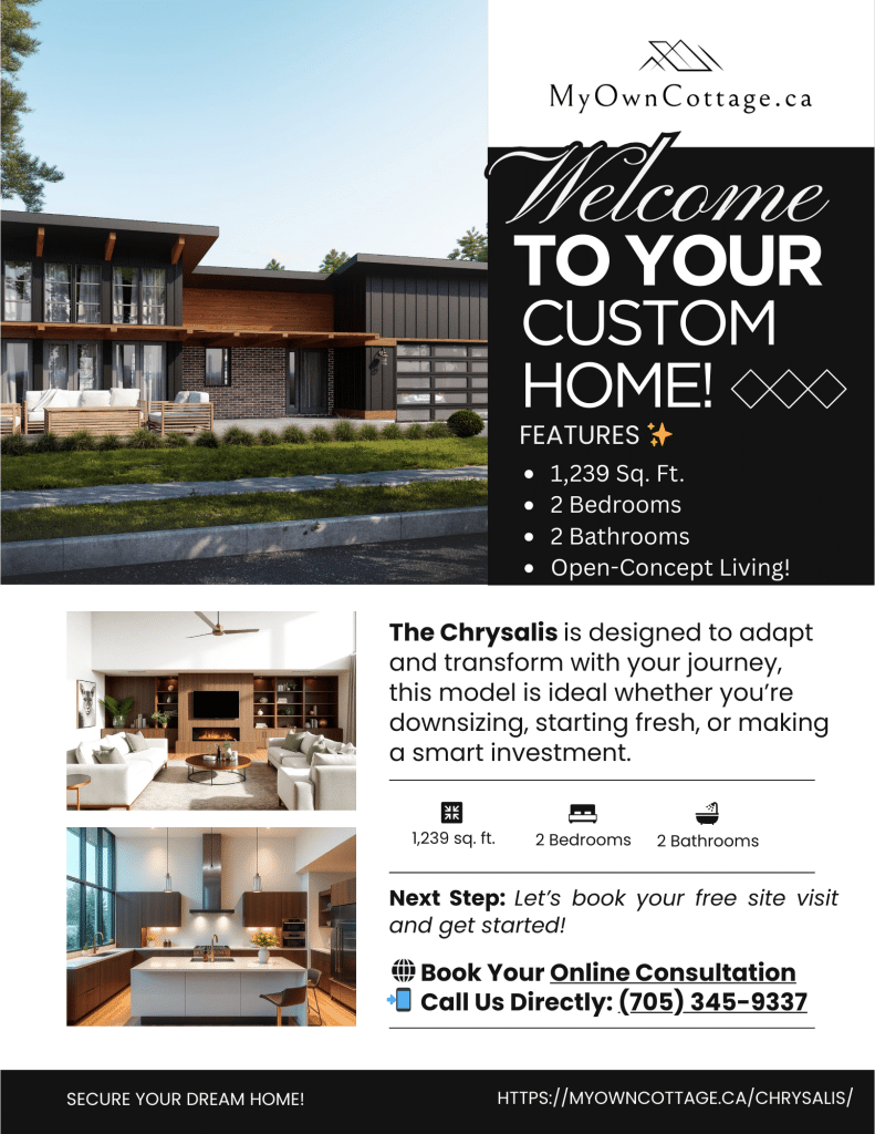 Chrysalis prefab home brochure cover showcasing modern 2-bedroom, 2-bathroom design by My Own Cottage