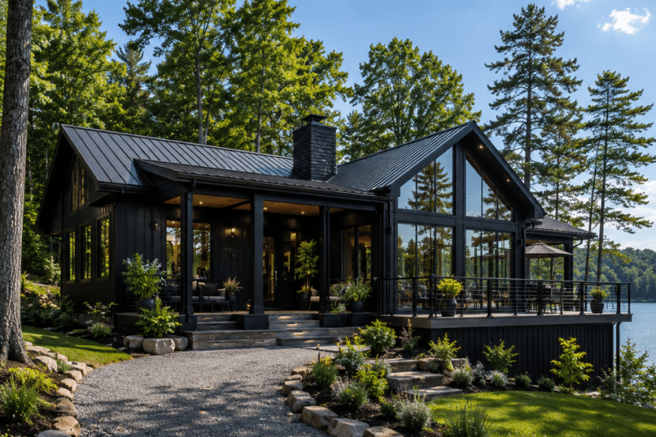 Modern black prefab cottage near Collingwood with large windows, a gravel driveway, stone chimney, landscaped lot and lake views