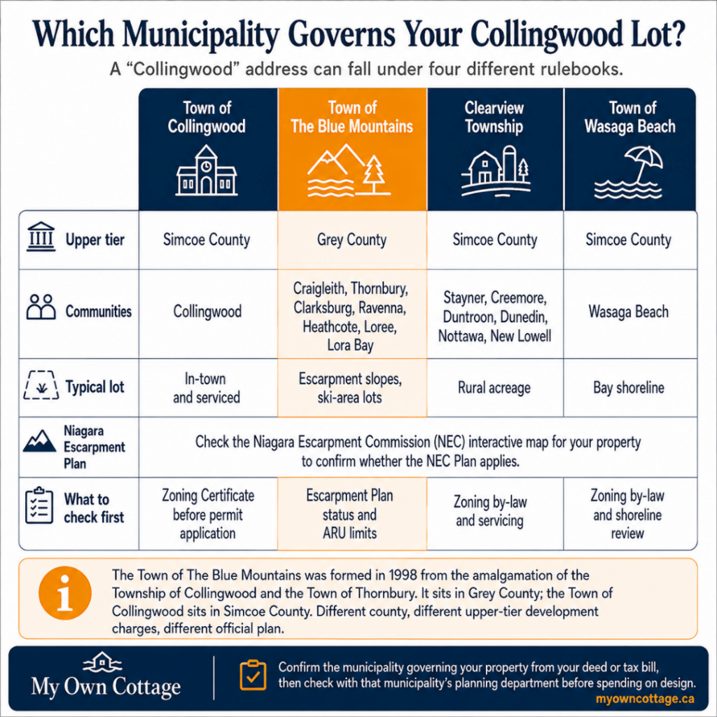 Cottage builders Collingwood municipality guide comparing Collingwood, The Blue Mountains, Clearview Township and Wasaga Beach by county, communities and planning checks.
