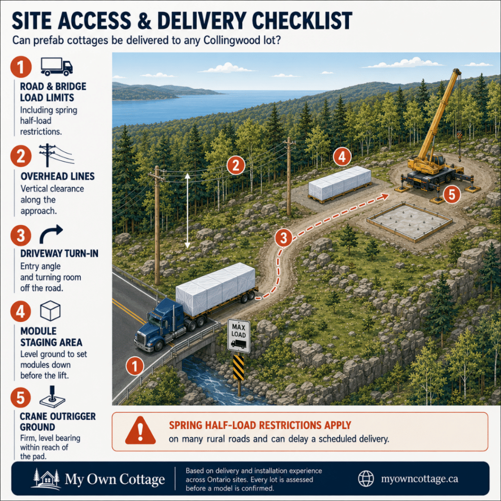 Cottage builders Collingwood site access checklist showing road and bridge load limits, overhead lines, driveway turn-in, module staging area and crane outrigger ground for prefab cottage delivery.