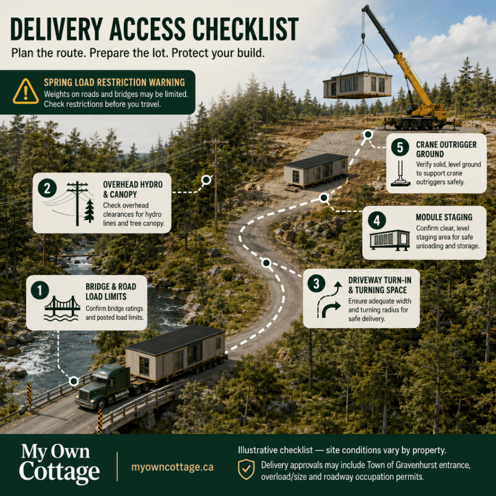 Cottage builders Gravenhurst delivery and lot access checklist showing road limits, overhead clearance, turning space, module staging and crane setup
