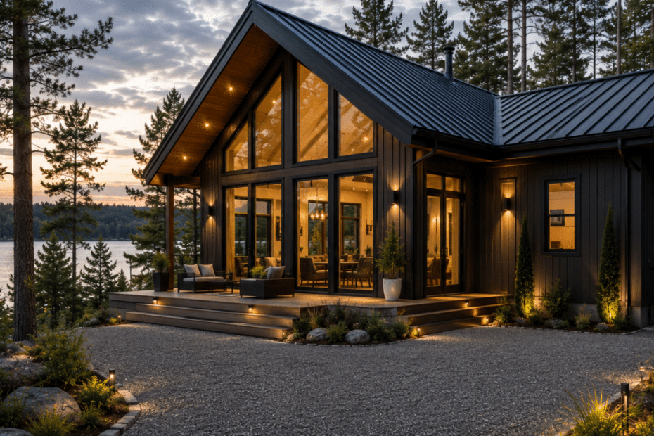 Modern prefab cottage in Gravenhurst with dark siding, warm wood accents, large windows, a gravel driveway and a visible permanent foundation