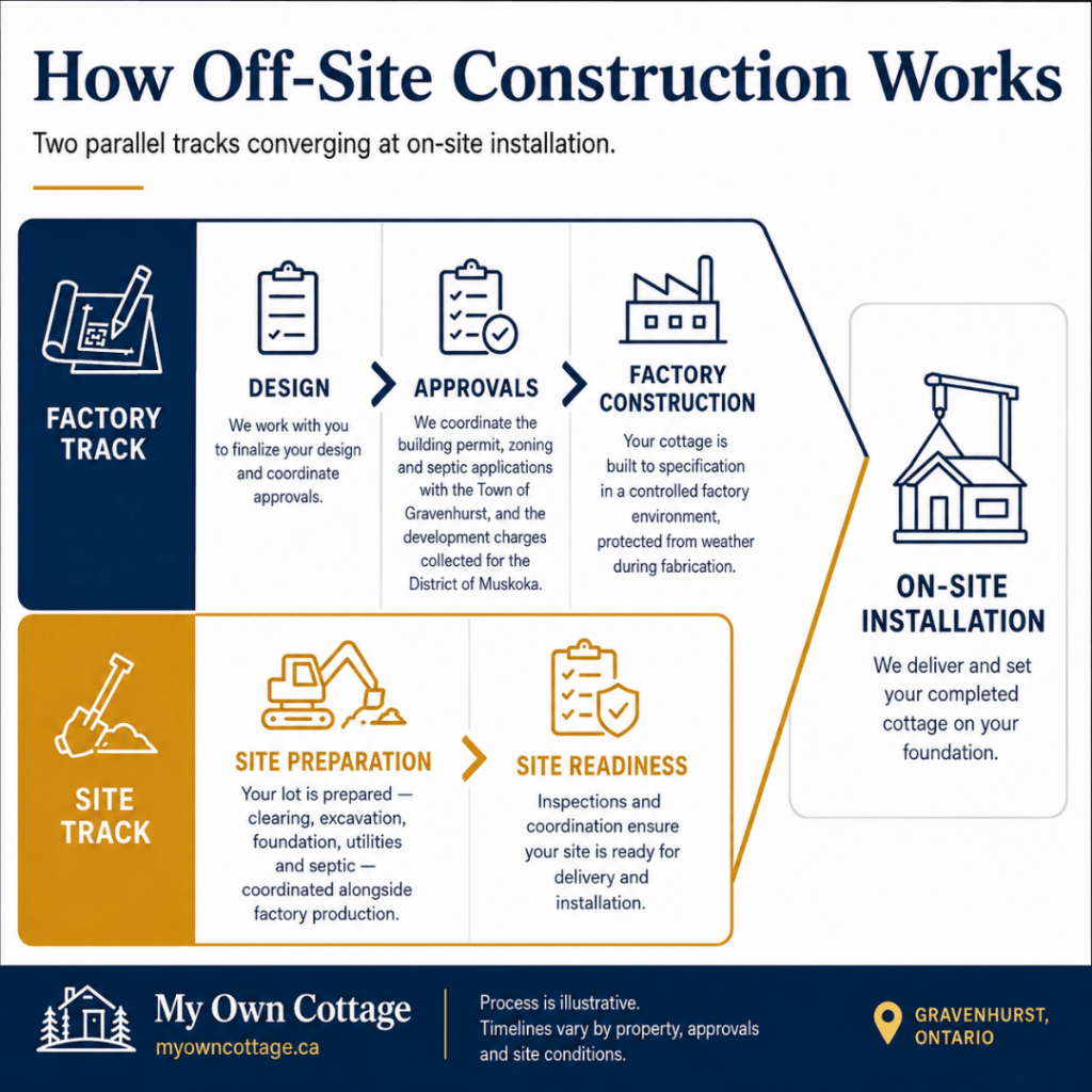 Cottage builders Gravenhurst off-site construction process showing design, approvals, factory construction and site preparation converging at on-site installation.