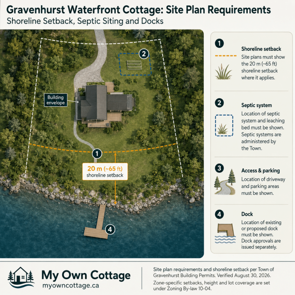 Gravenhurst waterfront cottage site plan showing a 20 m shoreline setback, building envelope, septic siting, driveway access and dock location