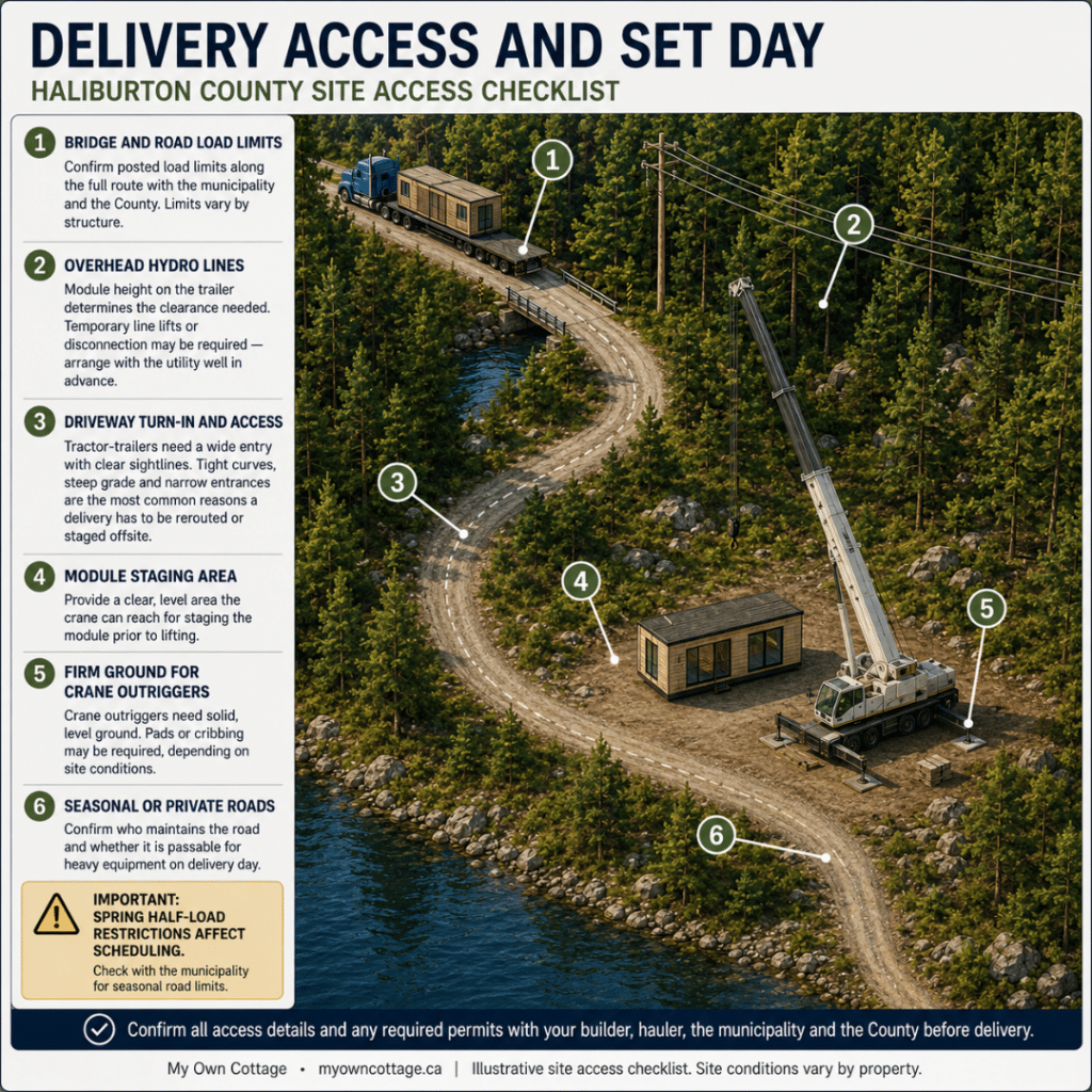 Cottage builders Haliburton site access checklist showing bridge load limits, hydro lines, driveway access, module staging and crane setup requirements.