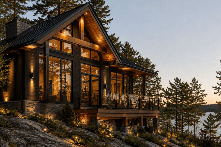 Luxury four-season cottage with dark cladding, timber accents, expansive glazing and stone details on a rocky Haliburton waterfront lot