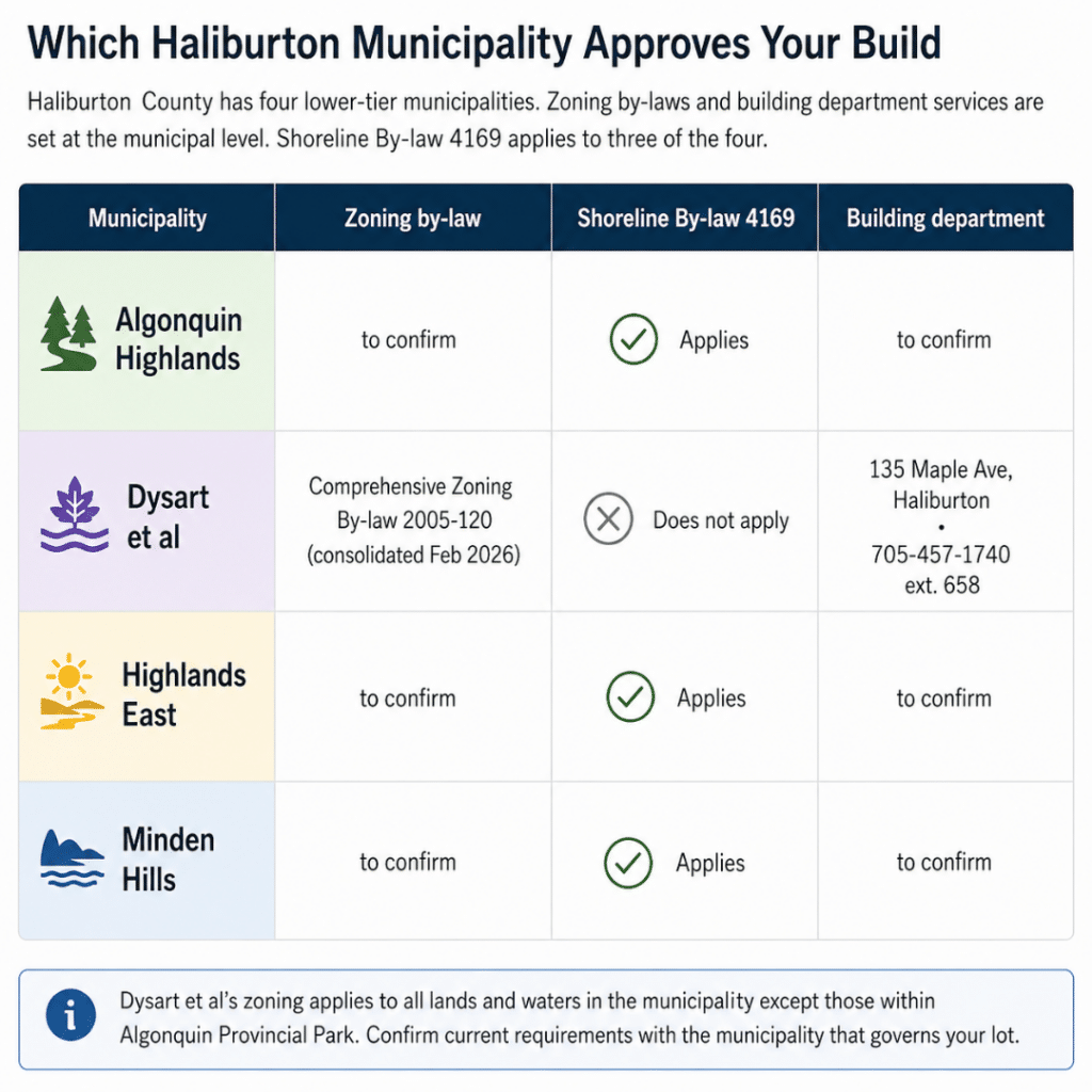 Cottage builders Haliburton municipality table comparing zoning by-laws, Shoreline By-law 4169 applicability and building departments.