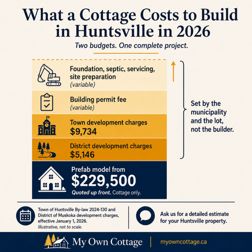 Cottage builders Huntsville cost stack showing a prefab model from $229,500, $9,734 Town development charges, $5,146 District charges, and variable permit and site costs.