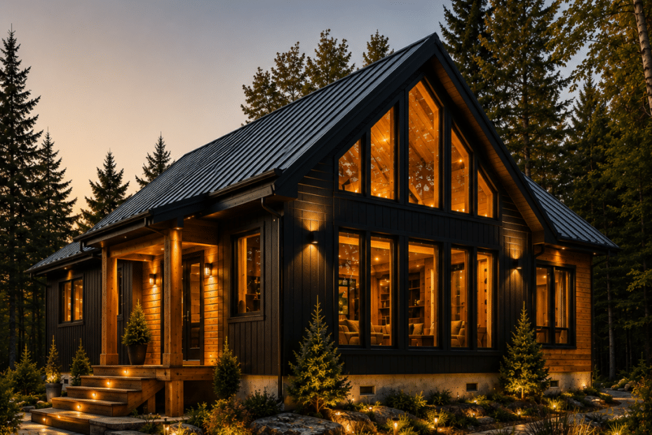 Four-season prefab cottage in Huntsville with dark siding, warm wood accents, large windows, a metal roof and a visible permanent concrete foundation