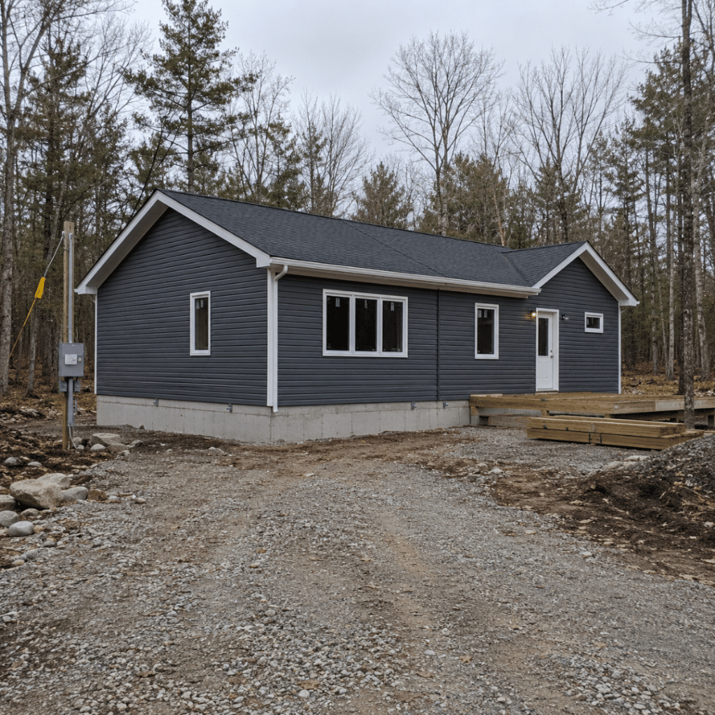 Cottage builders Huntsville prefab cottage newly installed on a permanent concrete foundation on a wooded Ontario lot.