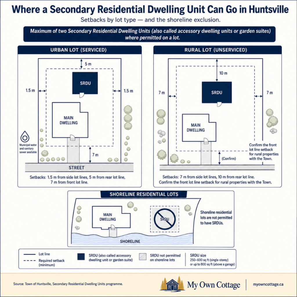 Cottage builders Huntsville SRDU site plan showing urban and rural setback requirements, including 1.5 m, 5 m, 7 m and 10 m setbacks, plus the shoreline residential lot exclusion.