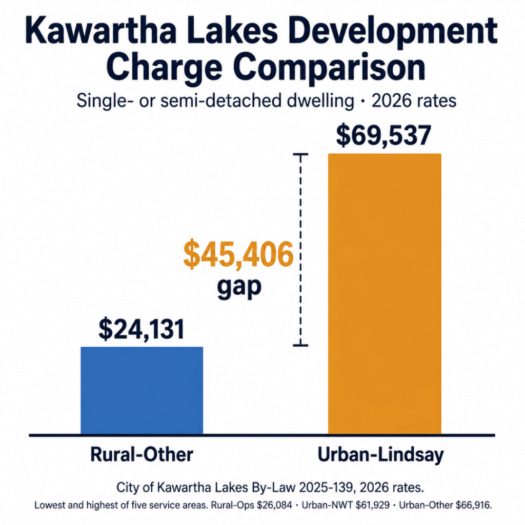 Cottage builders Kawartha Lakes development charge comparison showing $24,131 for Rural-Other and $69,537 for Urban-Lindsay, a $45,406 difference for a single- or semi-detached dwelling in 2026.