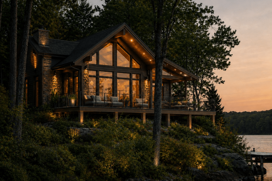 Four-season waterfront cottage with dark siding, stone accents, large lake-facing windows and a covered deck on a wooded Ontario shoreline