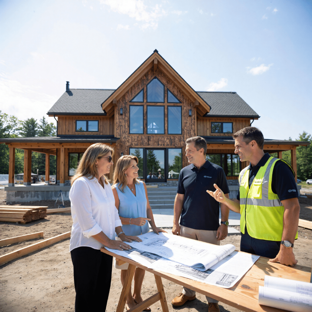 Cottage builders in Kingston reviewing custom cottage plans on-site during the design-build planning phase