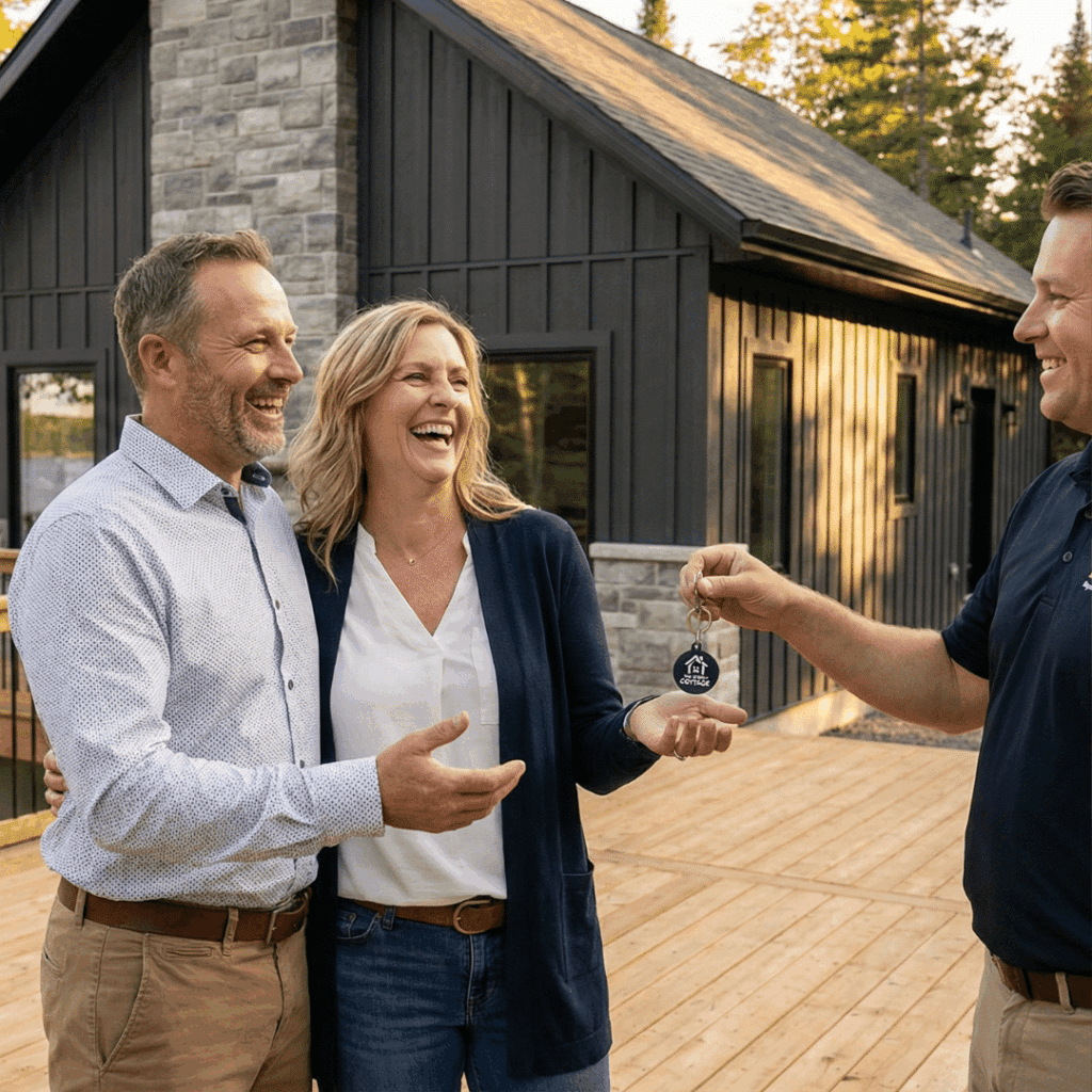 Happy homeowners receiving keys to their custom cottage from cottage builders in Kingston Ontario after project completion