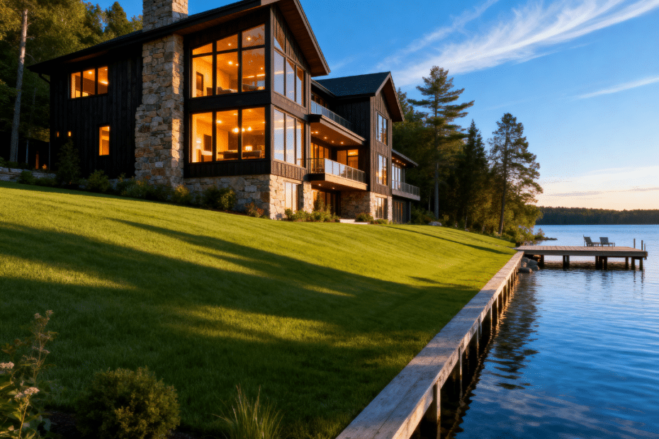 A modern heritage prefab cottage designed by leading cottage builders in Kingston, featuring energy-efficient glass walls and dark cedar cladding on a rocky Lake Ontario shoreline.