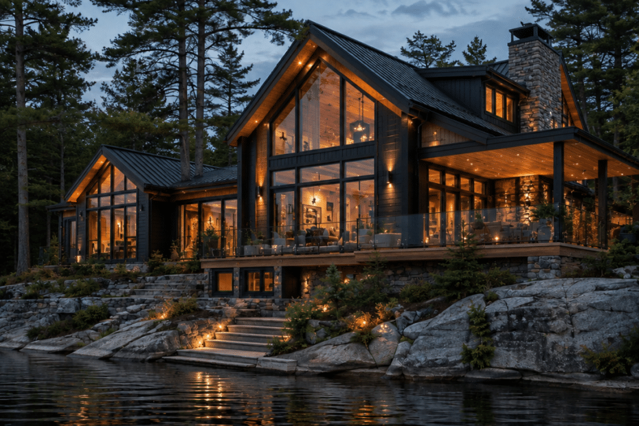 Modern waterfront cottage with dark cladding, timber accents, floor-to-ceiling windows and a stone chimney on a rocky Ontario shoreline